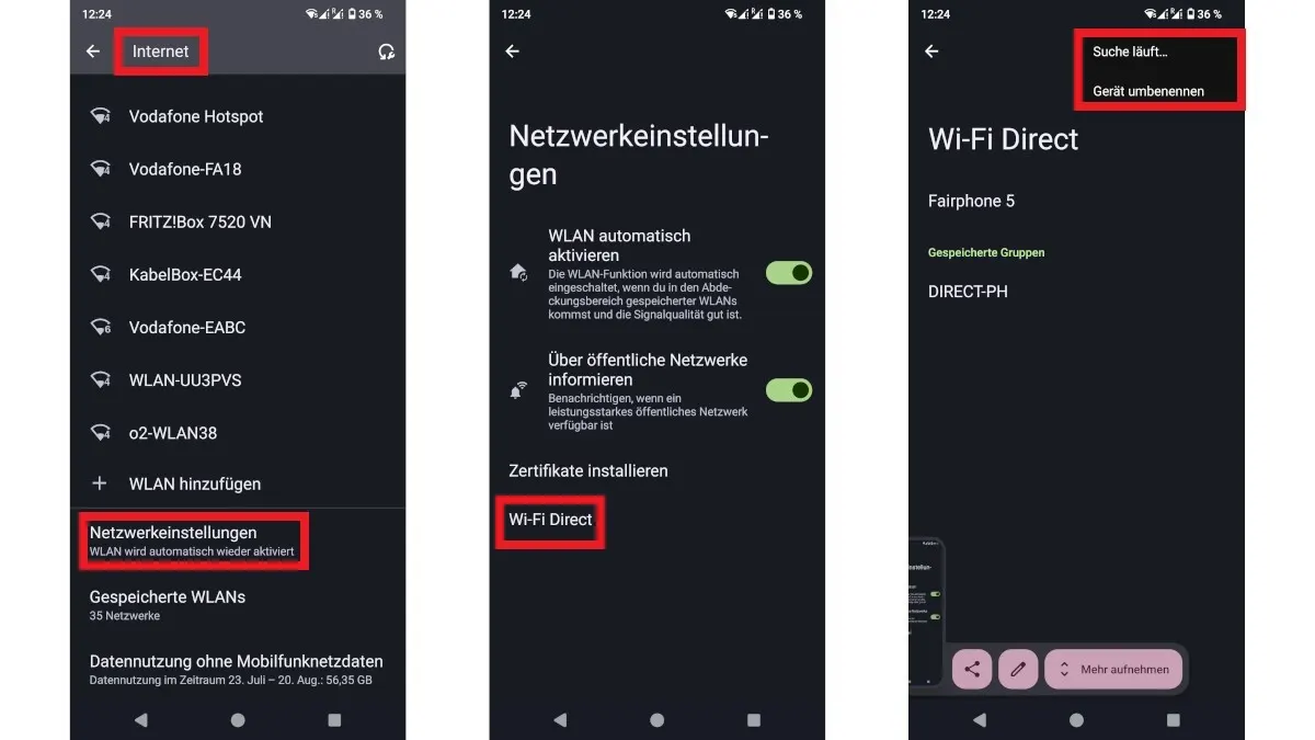 Drei Screenshots von Telefondisplays zeigen WLAN-Einstellungen, Netzwerkoptionen und Wi-Fi Direct-Funktionen auf Deutsch.