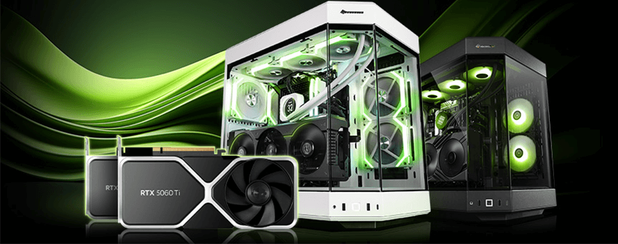 Zwei Computergehäuse mit grünen Lichtern und eine RTX 5060Ti Grafikkarte vor einem grünen Hintergrund.