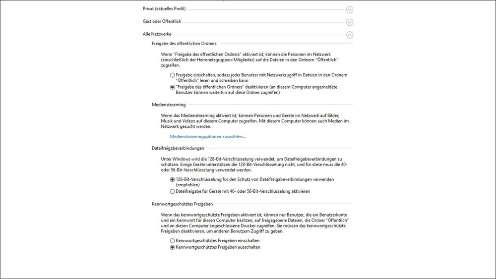 Weiße Benutzeroberfläche mit Text in deutscher Sprache, der sich auf Netzwerkfreigabe-Einstellungen bezieht. Menüoptionen sind hervorgehoben.