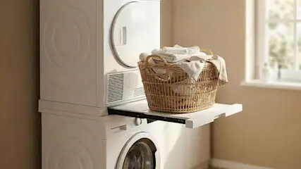 Ein Waschraum mit weißer Waschmaschine und Trockner, einem gefüllten Wäschekorb, einem Regal und einem Tisch mit Reinigungsmitteln.