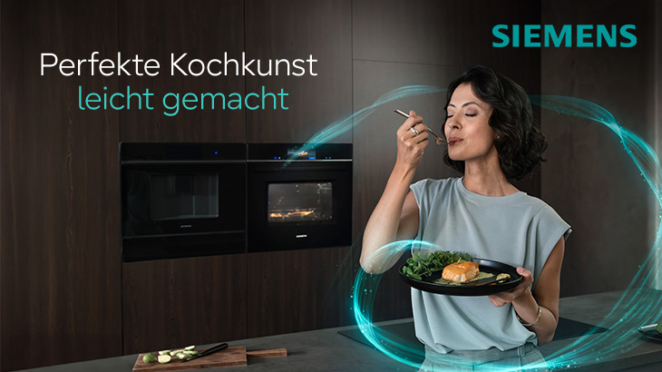 Frau genießt ein Gericht vor Siemens Einbau-Backöfen, Text: „Perfekte Kochkunst leicht gemacht“.