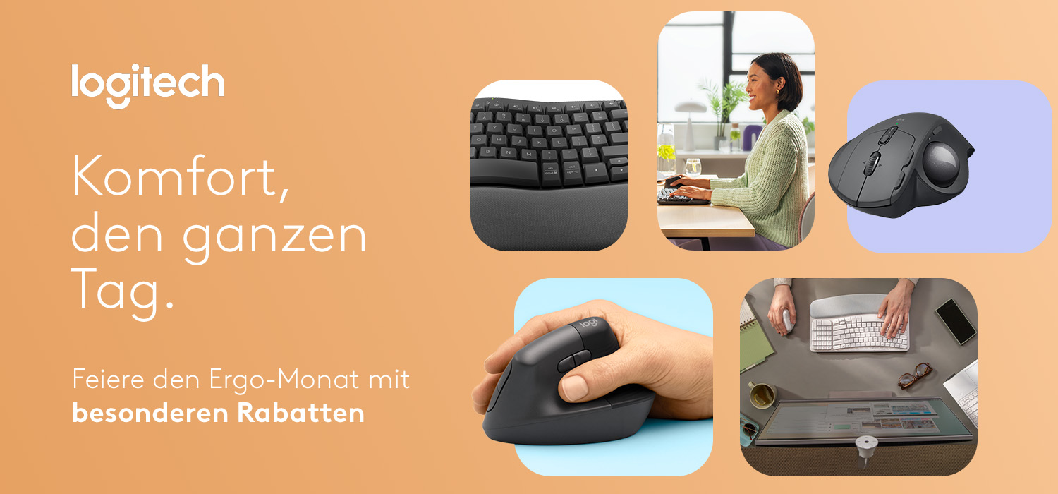 Werbegrafik von Logitech zum Ergo-Monat mit ergonomischer Tastatur, ergonomischen Mäusen und Nutzer:innen am Arbeitsplatz. Text: „Komfort, den ganzen Tag. Feiere den Ergo-Monat mit besonderen Rabatten“.