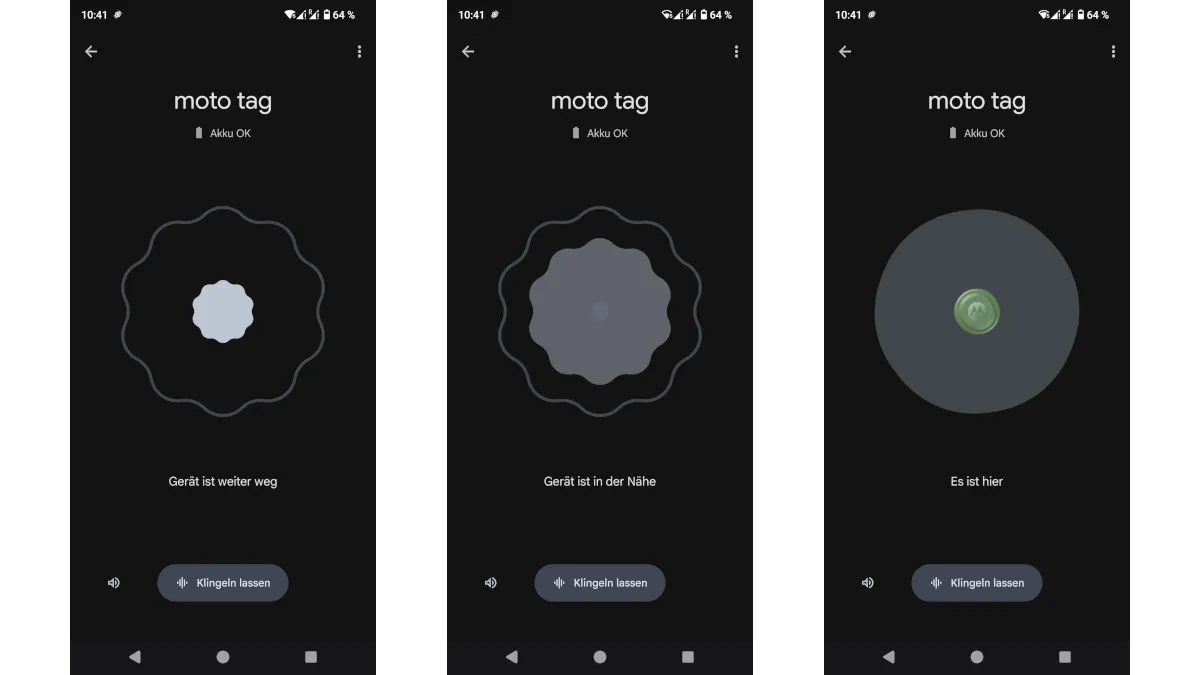 Drei Smartphone-Screenshots zeigen die "Moto Tag"-App, die die Entfernung zum Gerät anzeigt: weit, nah und hier.