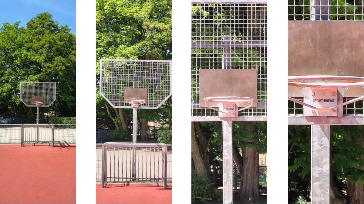Ein Basketballkorb in den Zoom-Stufen 1-fach, 2-fach, 5-fach und 10-fach.