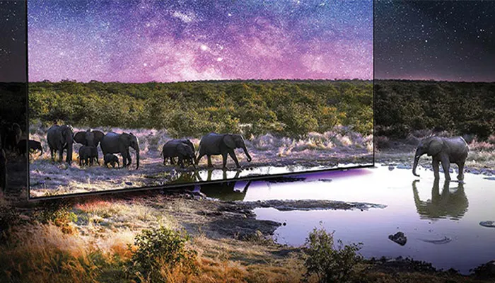 Elefantenherde am Wasserloch unter einem lila Sternenhimmel. HDR+ Logo unten rechts.