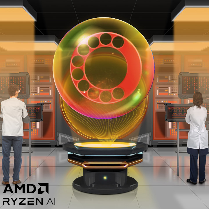 Ein Labor mit zwei Personen, die an Computern arbeiten. Ein schwebendes, rotes Objekt mit Kreisen steht auf einem schwarzen Podest. AMD Ryzen AI Logo.