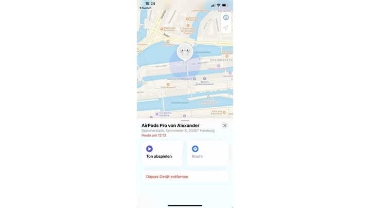 iPhone-Screenshot zeigt Ortungsfunktion von AirPods in der "Wo ist?"-App.