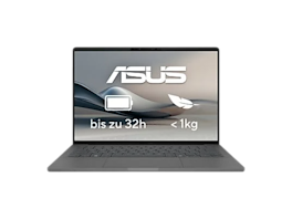 ASUS Laptop in Frontalansicht mit geöffnetem Display, das Akkusymbol, Feder-Symbol und Text „bis zu 32h“ sowie „< 1kg“ für lange Akkulaufzeit und geringes Gewicht zeigt.