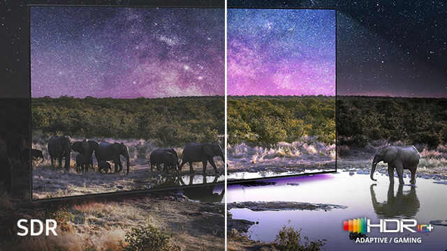 Das Bild zeigt einen geteilten Fernseherbildschirm mit einer afrikanischen Savannenlandschaft und Elefanten. Die linke Seite ist mit "SDR" gekennzeichnet und wirkt dunkler und weniger farbenfroh. Die rechte Seite ist mit "HDR+" markiert und zeigt ein deutlich helleres, kontrastreicheres und farbintensiveres Bild mit mehr Details im Himmel und auf dem Wasser.