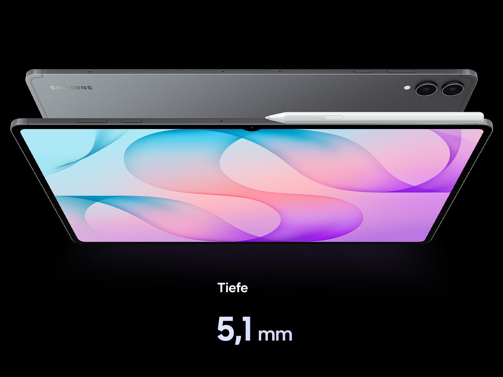 Galaxy Tab S12 Ultra mit S Pen; Front- und Rückansicht des 5,1 mm dünnen Tablets.