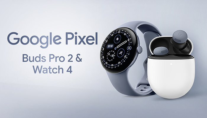 Pixel-Serie von Google: Eine Watch 4 ist neben Buds Pro 2 abgebildet. Jetzt zum einmaligen Aktionspreis sichern.