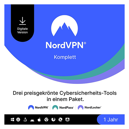 NordVPN Komplett: Drei preisgekrönte Cybersicherheits-Tools in einem Paket, 1 Jahr Laufzeit, digitale Version.