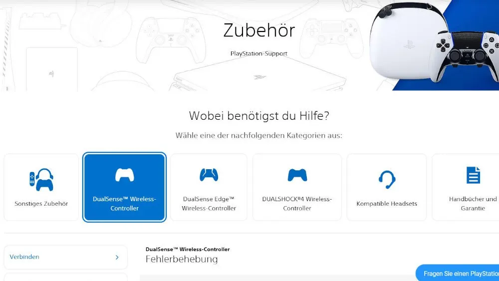 Playstation Zubehör-Hilfeseite mit Kategorien für Controller, Headsets und Handbücher. Weiße Geräte-Grafiken oben. Blaue Schaltflächen unten.