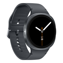 Smartwatch in graphite mit Ziffernblatt auf dem die Uhrzeit angezeigt wird, auf weißem Hintergrund