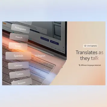 Laptop mit Textfeldern für Sprachen und Text "Übersetzt während des Sprechens" auf beigem Hintergrund.