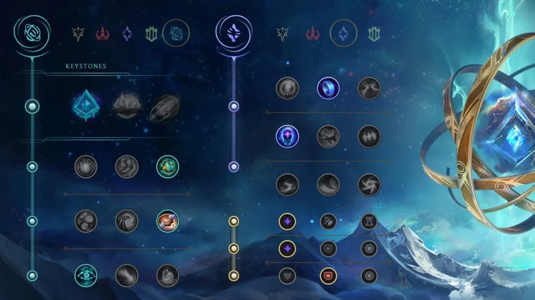 Das Layout zeigt eine Auswahl von Keystones und Runen mit blauen und goldenen Akzenten auf einem dunklen Hintergrund.