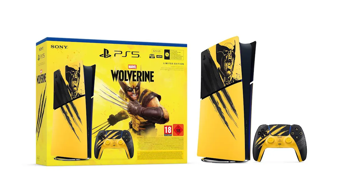Die Konsole Sony Playstation 5, das Game Wolverine und ein PS5-Controller – alle im gelb-schwarzen Wolverine-Look.