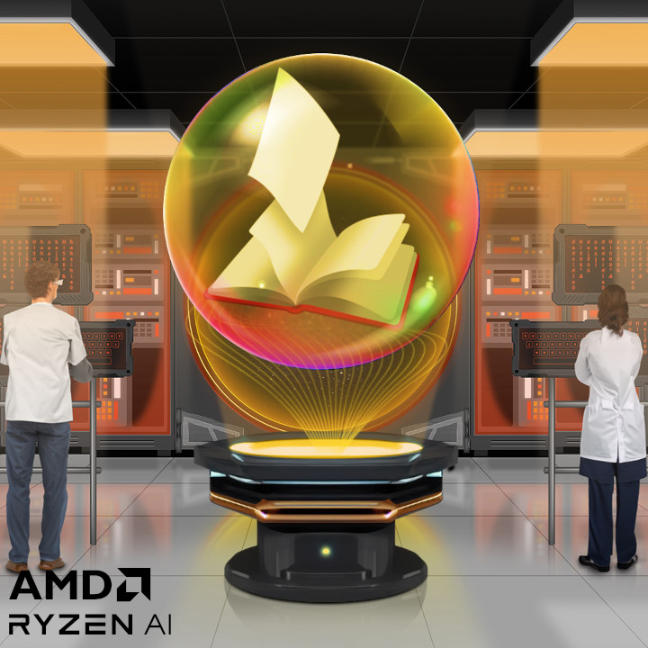 Ein offenes Buch schwebt in einer Kugel über einer Plattform, beobachtet von zwei Personen in einem Laborraum.