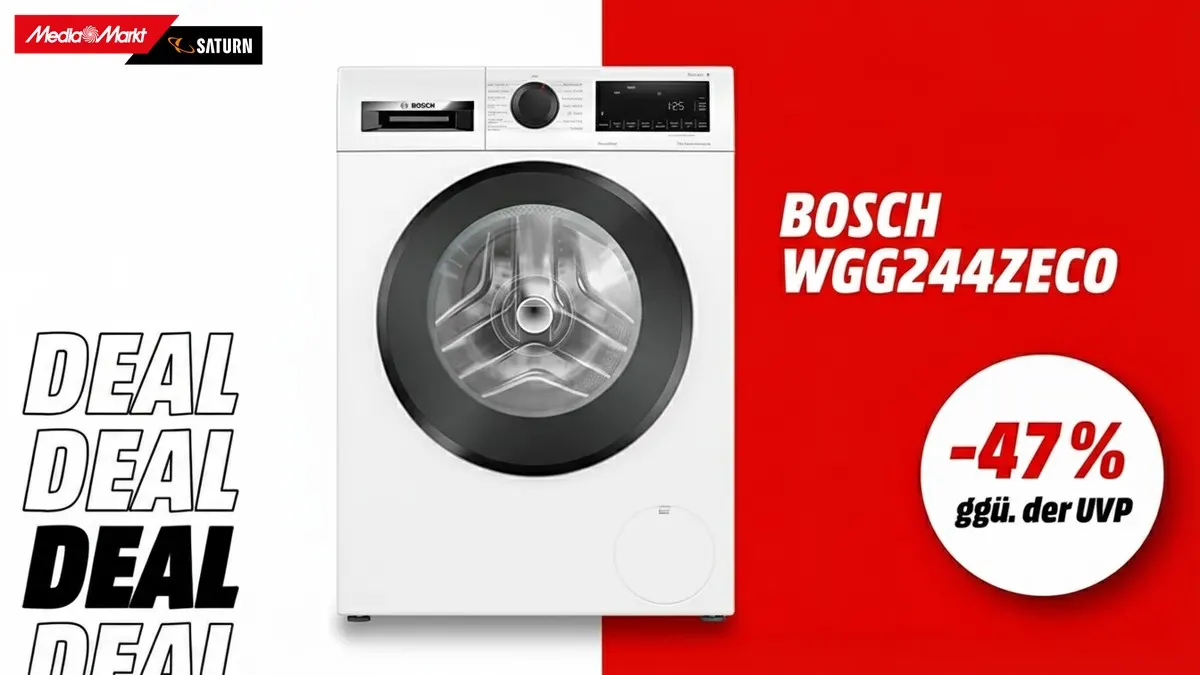 Die Bosch Waschmaschine und Hinweis auf 47 Prozent gegenüber der UVP auf weiß-rotem Hintergrund.