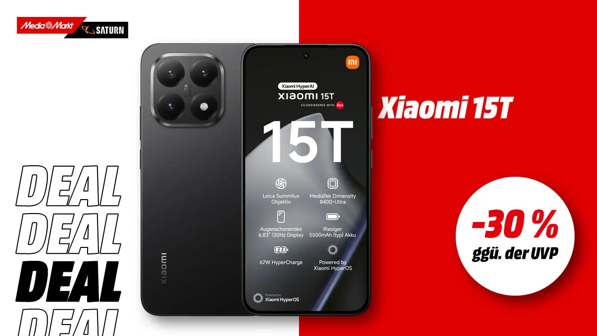 Das Xiaomi 15T Smartphone und Hinweis auf 30 Prozent Rabatt ggü. der UVP.