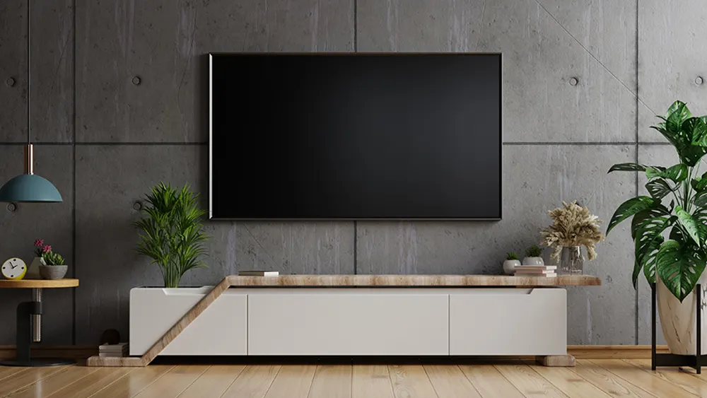 Ein Wohnzimmer mit einem schwarzen Flachbildfernseher an einer grauen Betonwand über einem weißen Mediaschrank. Pflanzen und Dekoartikel sind auch zu sehen.