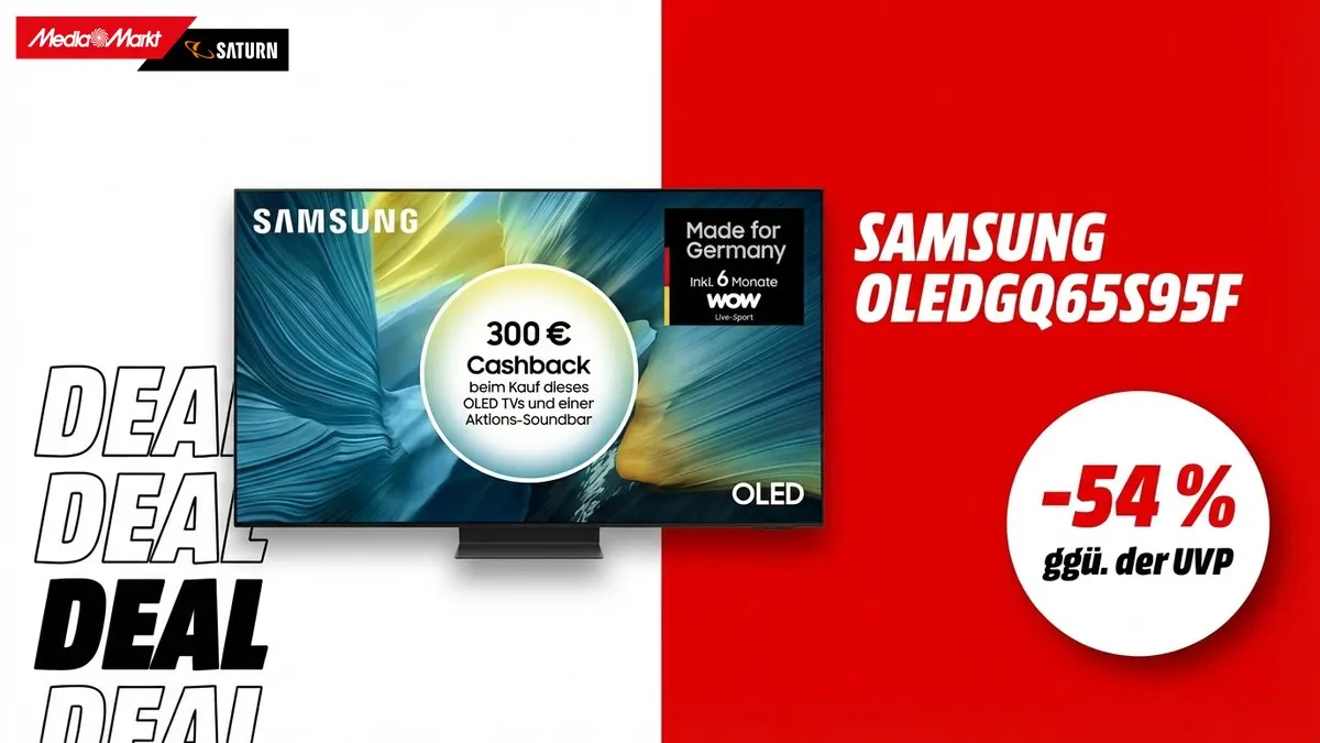 Der Samsung OLEDGQ65S95F und Hinweis auf 54 Prozent Rabatt gegenüber UVP auf weiß-rotem Hintergrund.