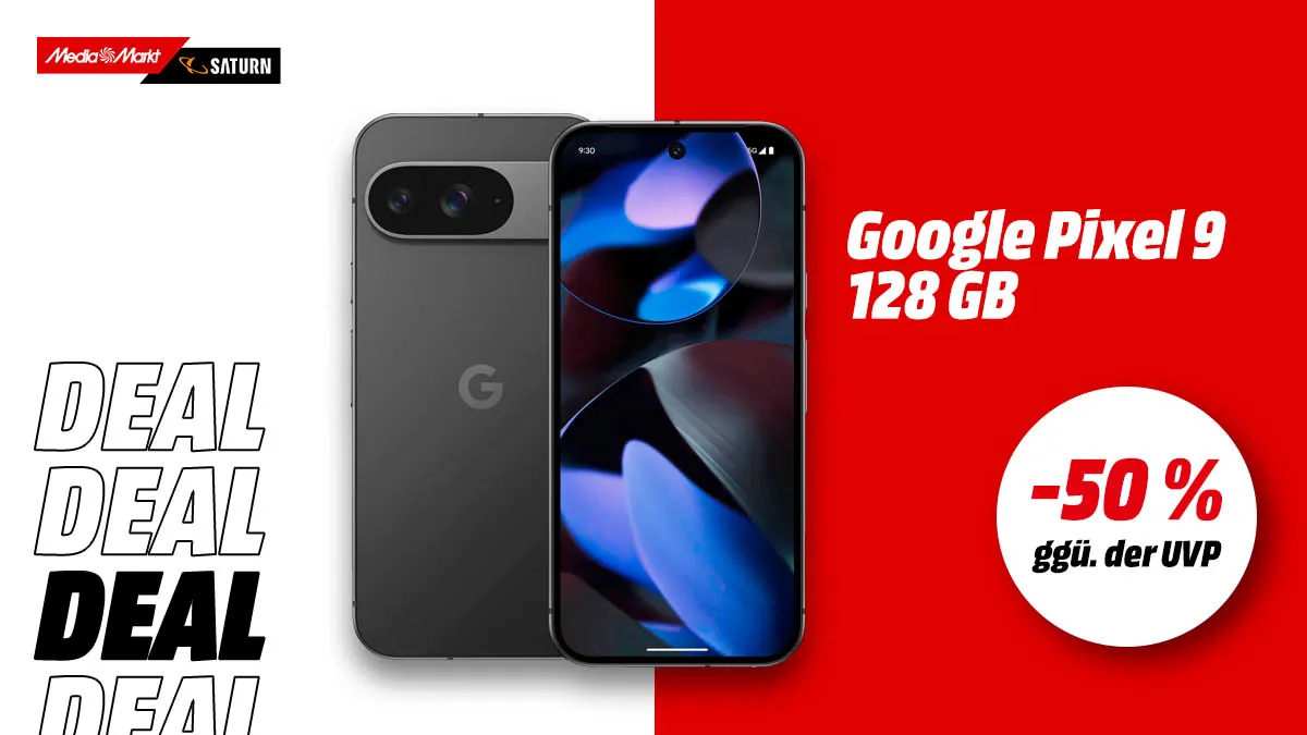 Das Google Pixel 9 und Hinweis auf 50 Prozent Rabatt gegenüber der UVP auf weiß-rotem Hintergrund.