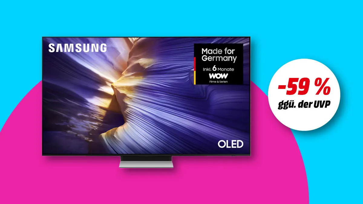 Samsung 65 Zoll 4K OLED TV, Hinweis auf 59 Prozent Rabatt gegenüber UVP auf buntem Hintergrund.