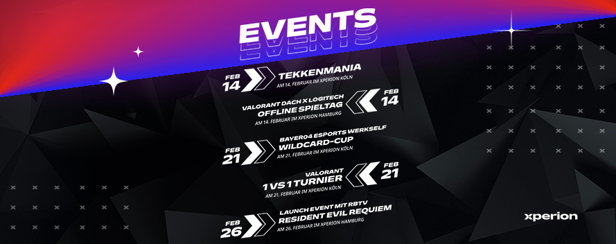 Veranstaltungen im Mai: Community MeetUp Köln, OMEN Launch Event Berlin, DOOM Event Berlin, EINS vs. EWI Köln, Schlüter Zander Live Hamburg.