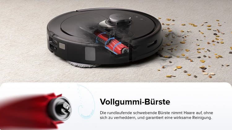 ROBOROCK Q Revo Saugroboter saugt Krümel auf Teppich auf
