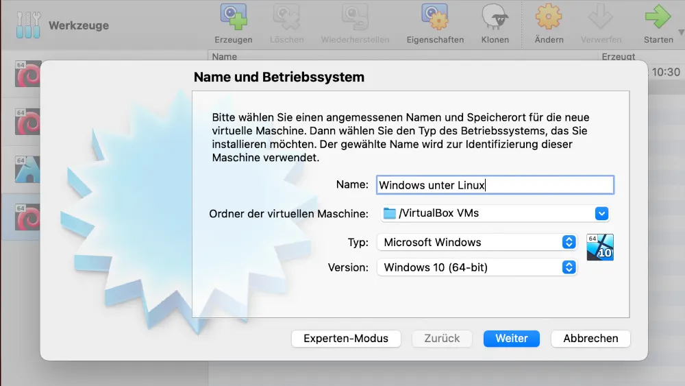 Dialogfenster "Name und Betriebssystem" mit Feldern für Name, Ordner, Typ und Version der virtuellen Maschine. Schaltflächen unten: Experte, Zurück, Weiter, Abbrechen.