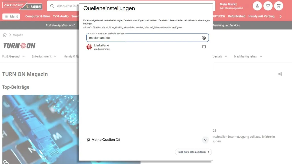 Dialogfenster "Quelleneinstellungen": In einer Liste gesuchter Webseiten ist "mediamarkt.de" per Checkbox als Quelle ausgewählt.