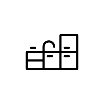 Schwarze Umrisse einer Küchenzeile mit Spüle, Schränken und Schubladen auf einem weißen Hintergrund.