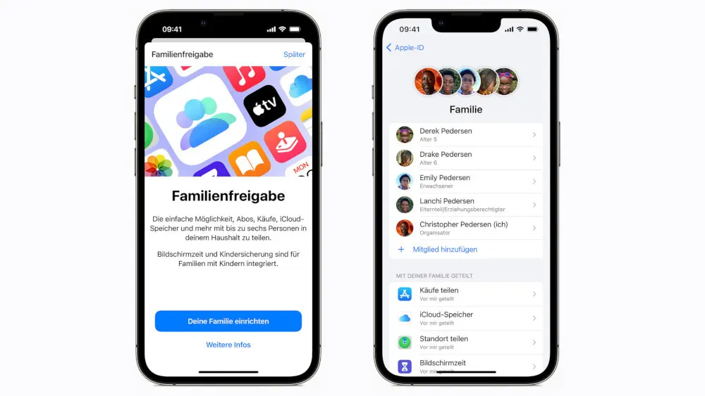 Zwei iPhones zeigen Menüs zur Familienfreigabe und Familienmitglieder mit zugehörigen Optionen.