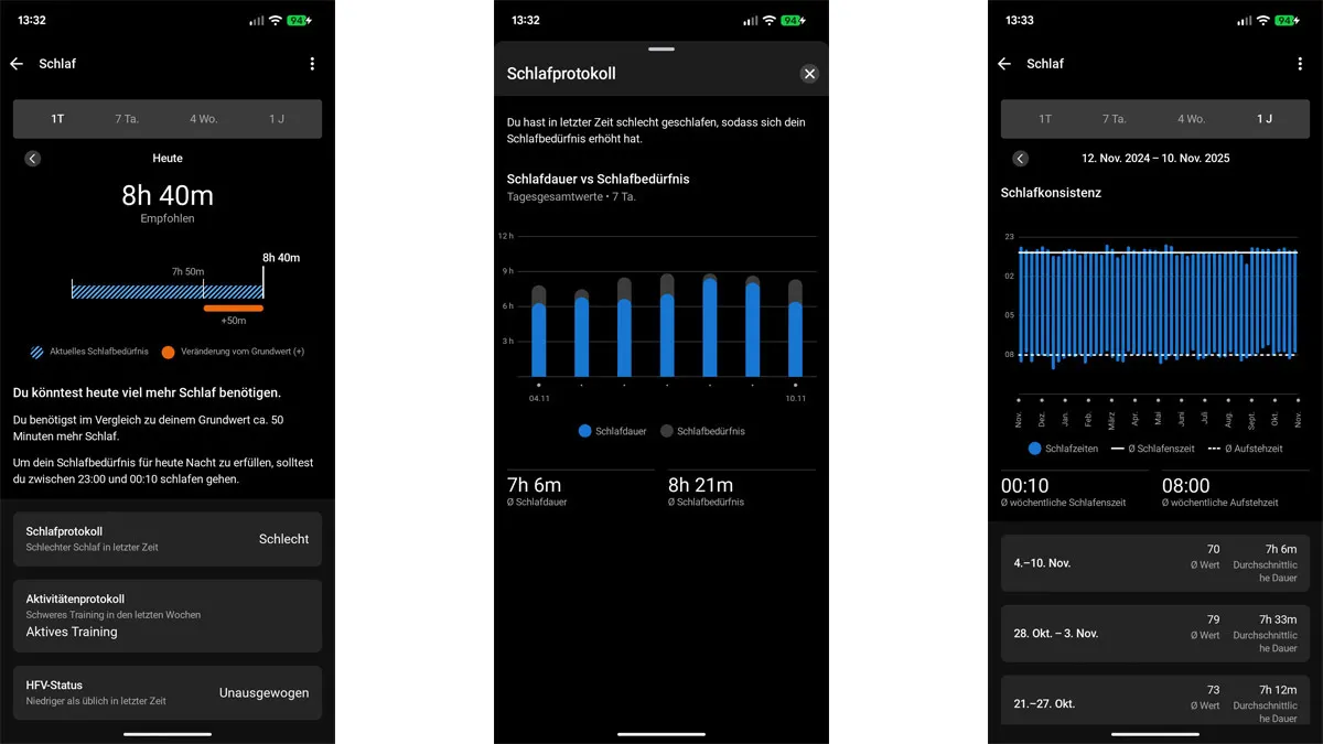 Drei Screenshots zeigen den Schlafcoach, das Schlafprotokoll und die Schlafkonsistenz in der Garmin-Connect-App.