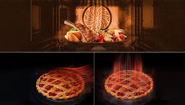 Ofen mit Fleisch, Gemüse und Kuchen. Das Fleisch hat einen Knochen. Der Kuchen hat ein Gittermuster.