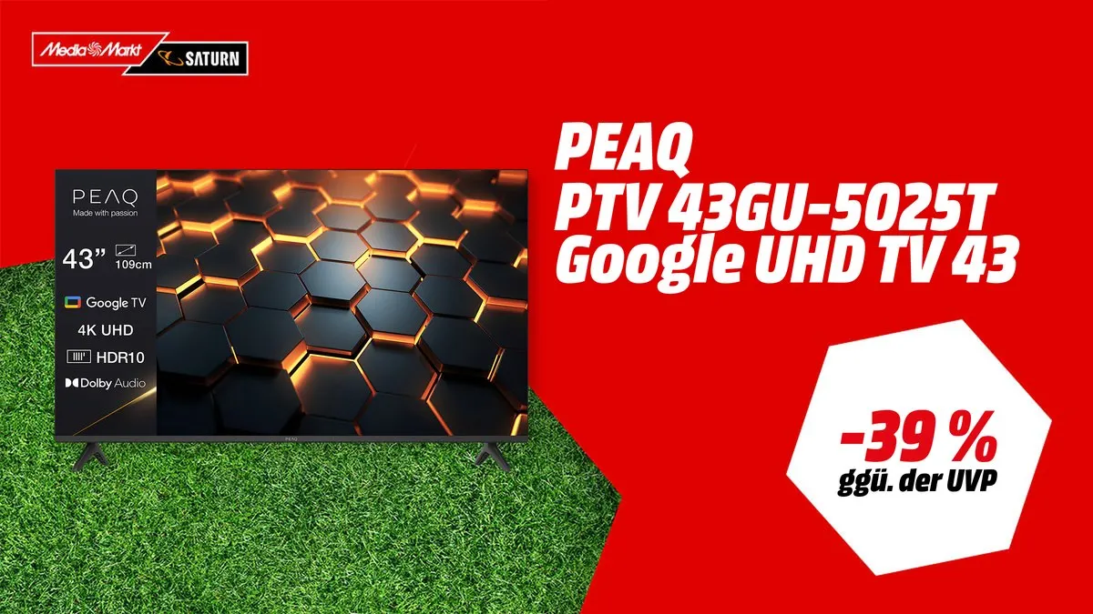 PEAQ PTV 43GU-5025T Google UHD TV, 43 Zoll, Frontansicht auf weißem Hintergrund