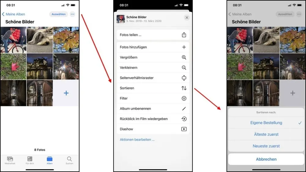 Mobiltelefon-Screenshots zeigen ein Fotoalbum mit Menüs zum Teilen, Sortieren und Hinzufügen von Fotos.