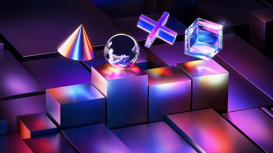 Futuristische 3D‑Szene mit farbigen geometrischen Formen auf erhöhten Flächen, die als abstrakter Hintergrund für Inhalte zur SONY PlayStation®5 Pro 2 TB Konsole dienen kann.
