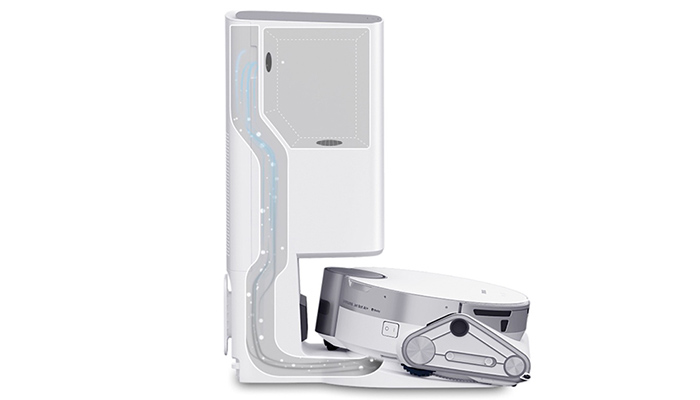 Ein weißer, selbstentleerender Roboterstaubsauger steht vor einer weißen Ladestation. Das Gerät ist modern und funktional.