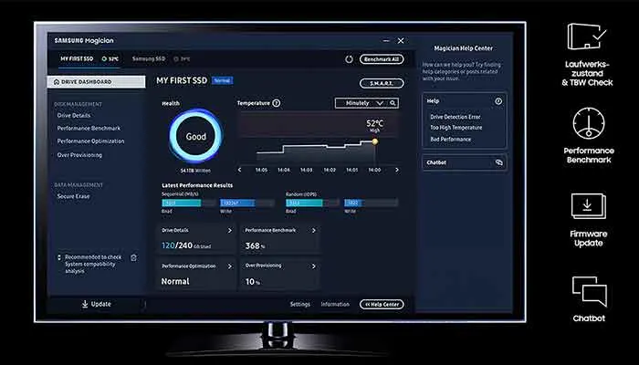 Bildschirmfoto der Samsung Magician Software für die Überwachung und Verwaltung deiner Samsung SSD.