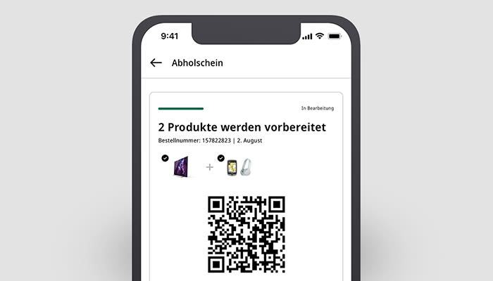 Smartphone mit Bestellstatus und QR-Code in der MediaMarkt App auf dem Display