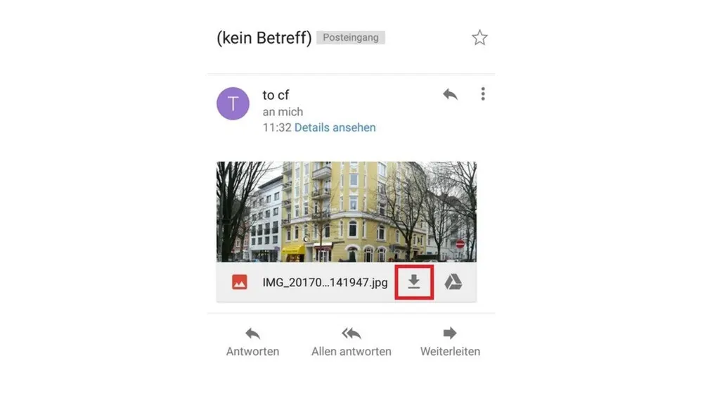 E-Mail-Ansicht mit Anhang eines Gebäudefotos und Download-Symbol. Optionen zum Antworten, Weiterleiten der E-Mail.