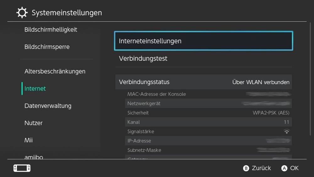Screenshot zeigt Systemeinstellungen der Nintendo Switch.