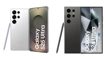 Zwei Samsung Galaxy Smartphones, ein Stift, Kameras auf der Rückseite. Beschriftungen: Galaxy S25 Ultra, Galaxy S24 Ultra.