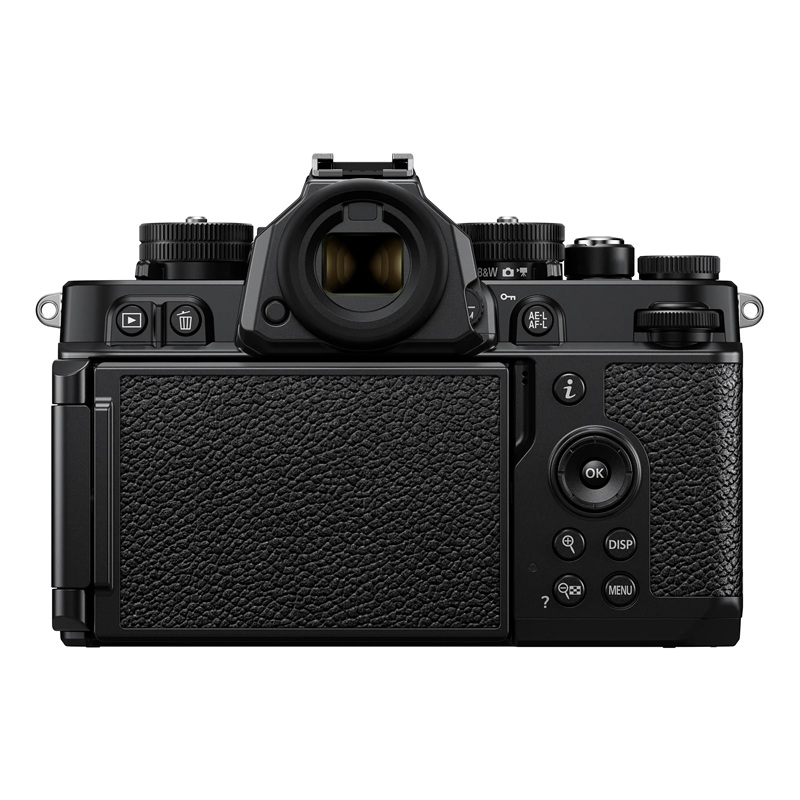 Nikon Z f Systemkamera in Schwarz, Rückansicht mit Sucher, Bedientasten und ausklappbarem 8-cm-Touchscreen für schnellen Zugriff auf ISO, Belichtungszeit und -korrektur.