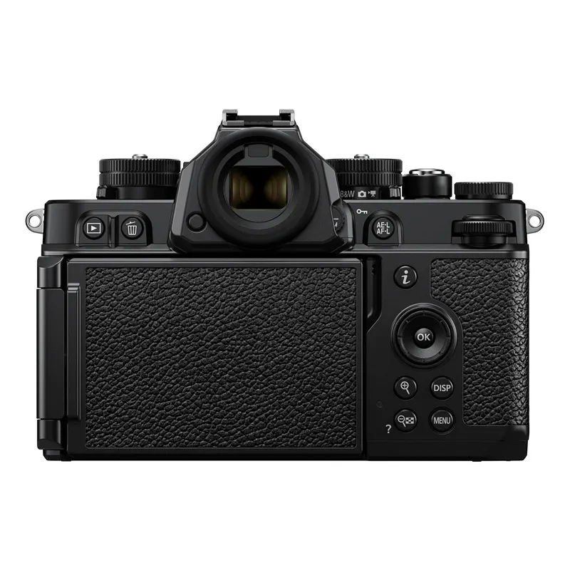 NIKON Z f Gehäuse Systemkamera, 8 cm Display Touchscreen, WLAN Nikon Z f Systemkamera in Schwarz, Rückansicht mit Sucher, Bedientasten und ausklappbarem 8-cm-Touchscreen für schnellen Zugriff auf ISO, Belichtungszeit und -korrektur.
