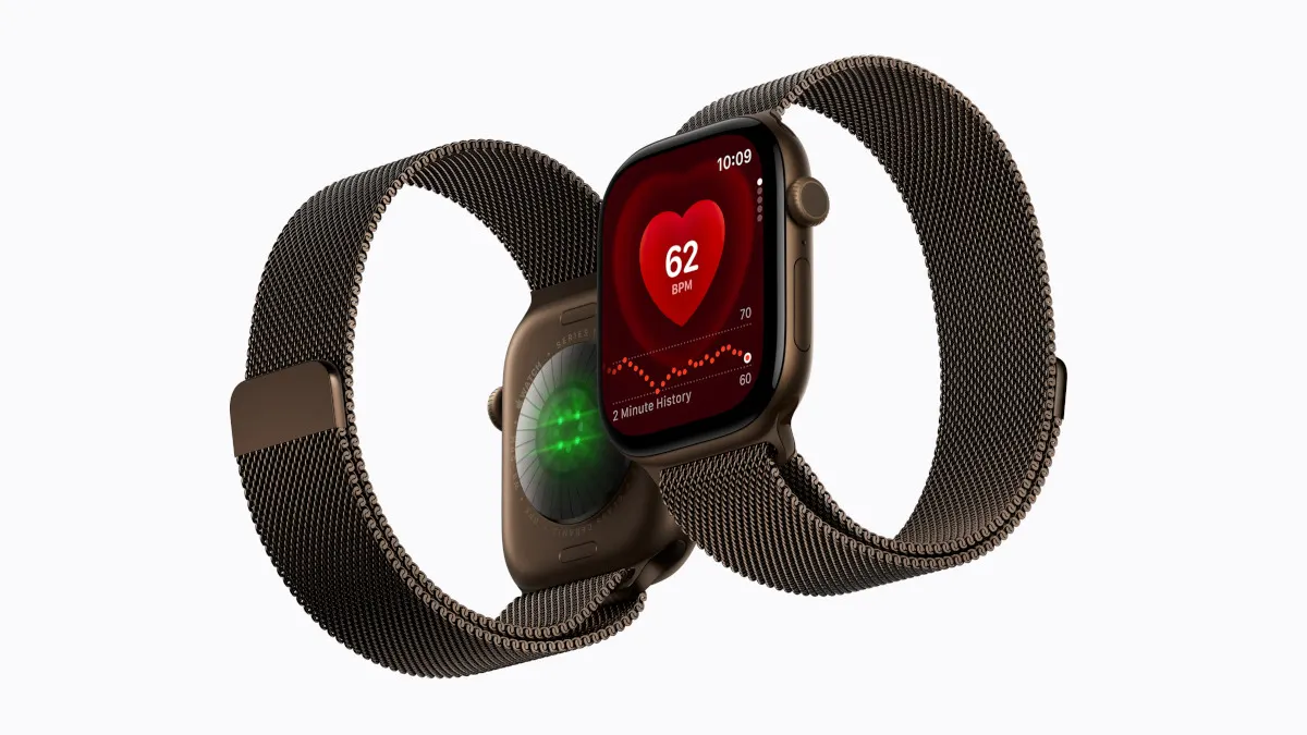 Zwei Apple-Watch-Series-12-Smartwatches nebeneinander, eine schräg von vorne, eine schräg von hinten.