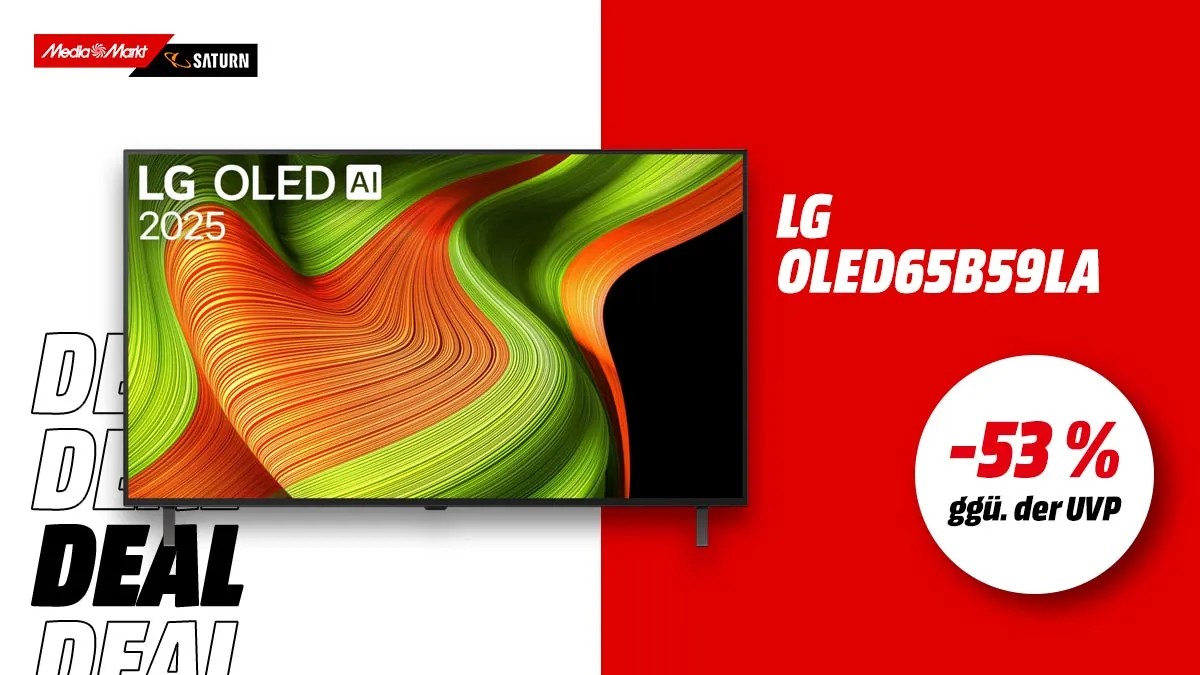 Der LG OLED-Fernseher und Hinweis auf 53 Prozent Rabatt gegenüber der UVP.