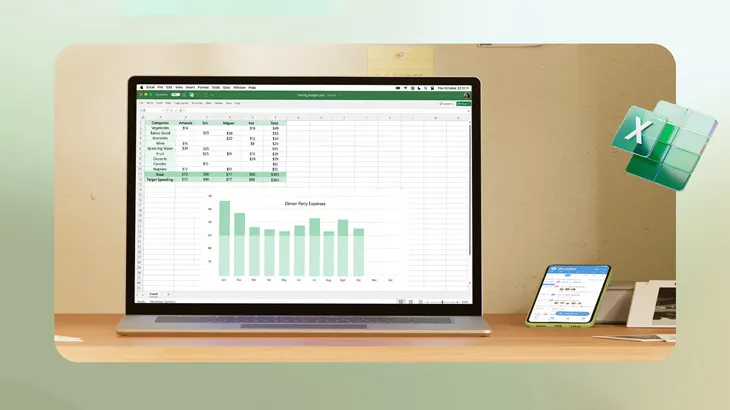 Auf einem Tisch befinden sich ein Laptop mit Excel-Tabelle, ein Smartphone und ein Excel-Logo.
